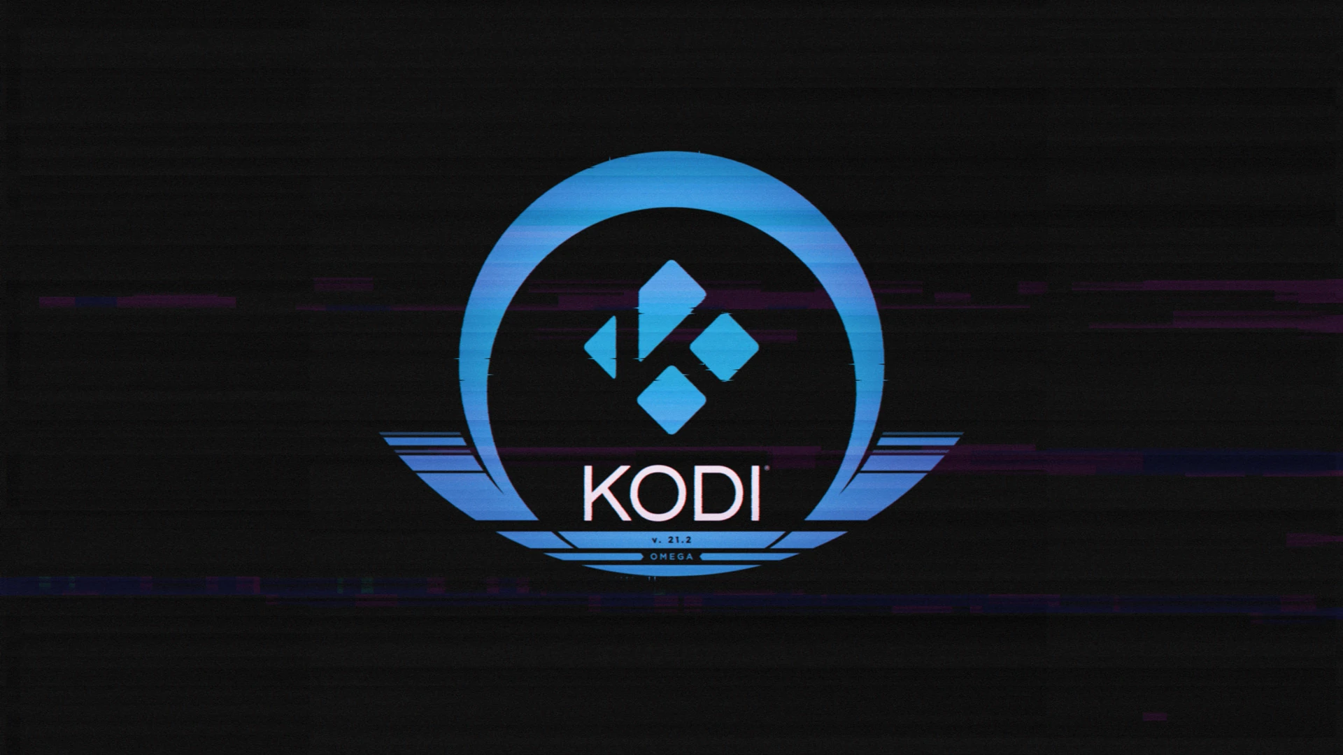 Kodi 21.2 "Omega" Splash Screen - the Kodi logo sits at the centre of a black screen, a stylised Greek letter "Omega" wrapped around it.